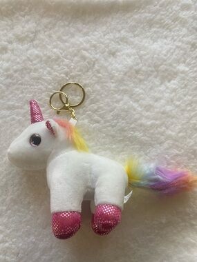 White Plush Unicorn Keychain with Pink Accents and Rainbow Tail